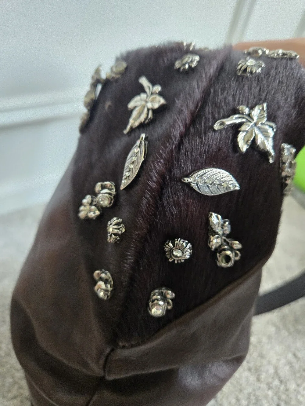 Berge Brown Leather Calfhair Hobo Shoulder Bag Charms Rhinestone Made in Italy